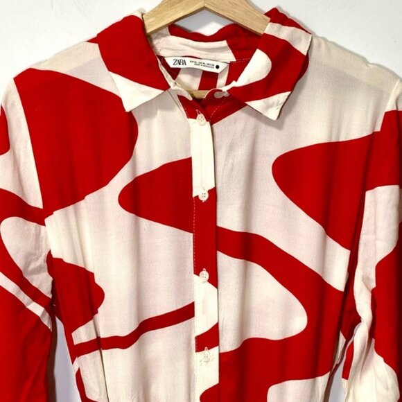 Zara Blogger’s Favourite Red & White Printed Belted Midi Shirt Dress size XL - Picture 9 of 15